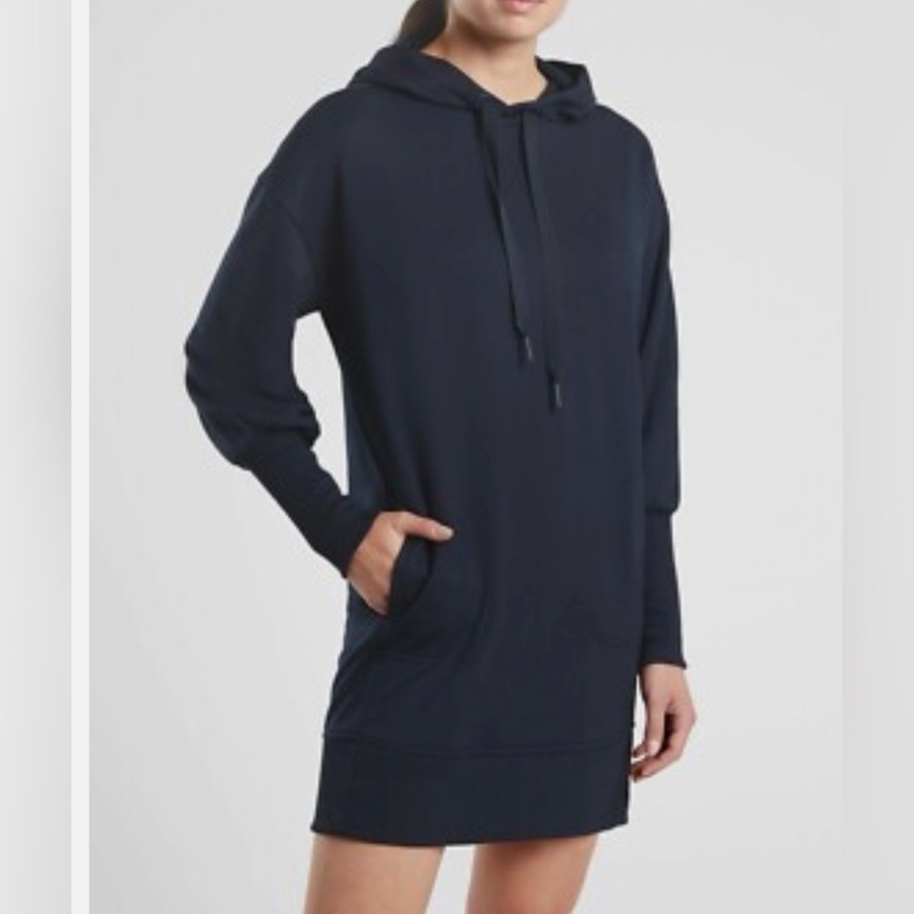 Athleta Mala Hoodie Dress Navy Blue Tek Terry Pockets Size MT